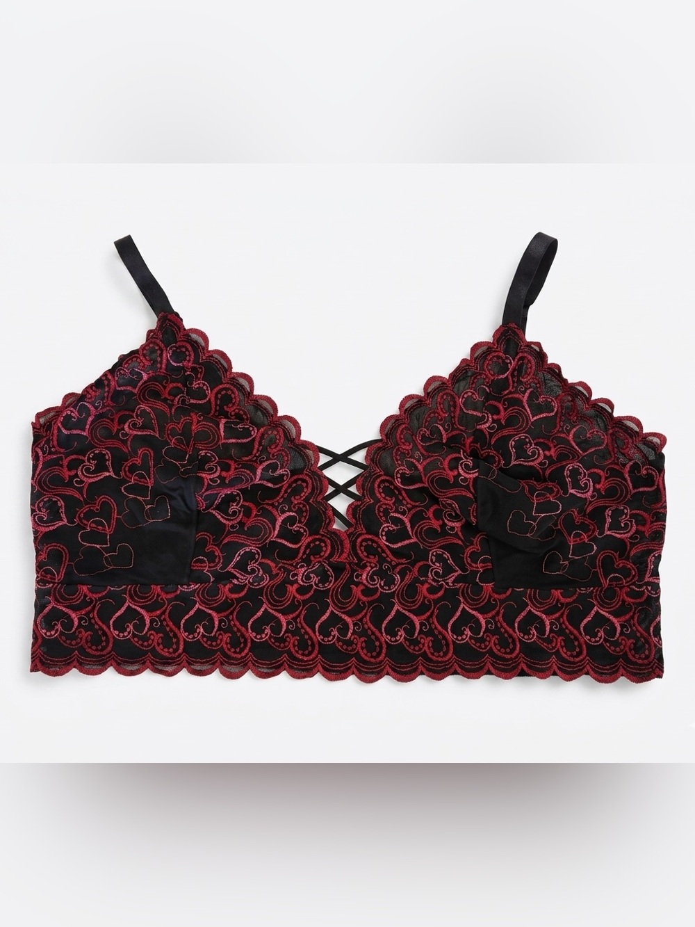 TORRID CURVE Bralette Wire Free Black & Red Lace with Heart Embroidery 3X